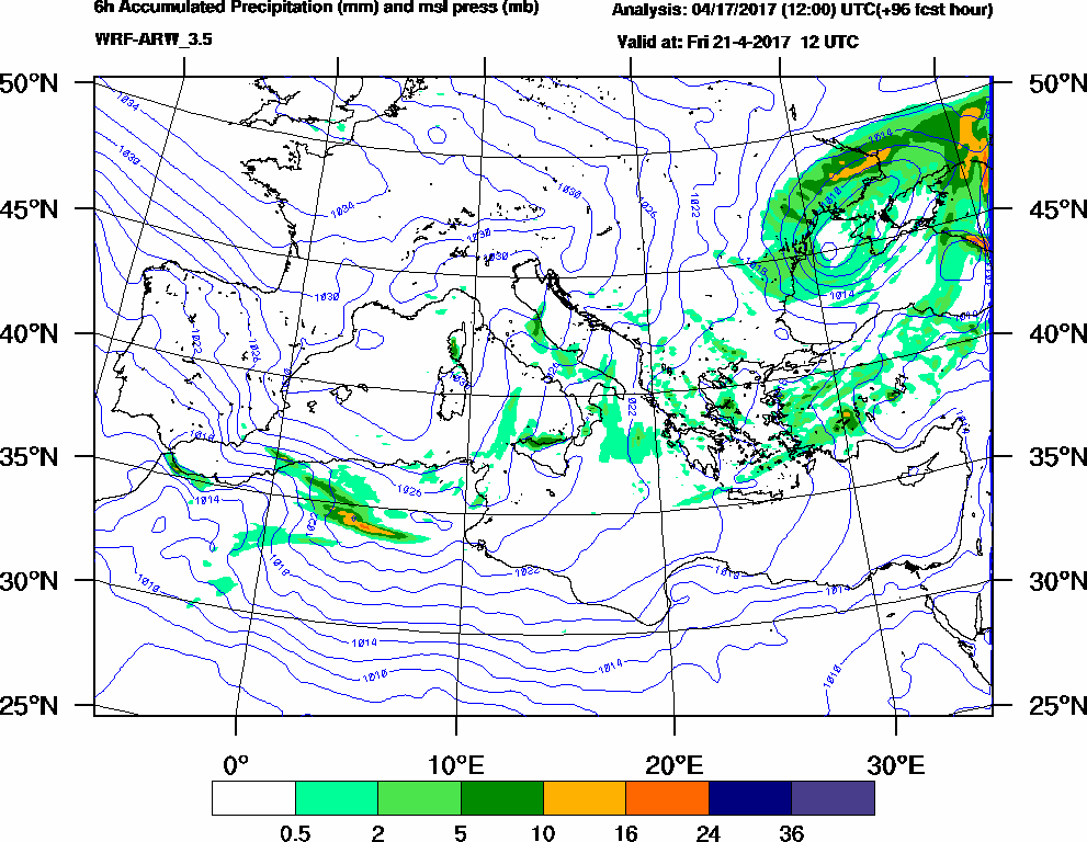 6h Accumulated Precipitation (mm) and msl press (mb) - 2017-04-21 06:00