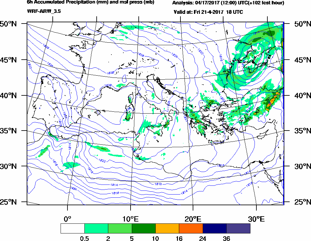 6h Accumulated Precipitation (mm) and msl press (mb) - 2017-04-21 12:00