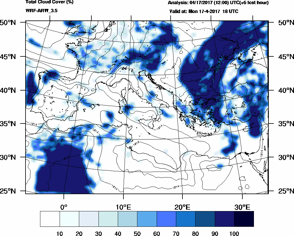 Total cloud cover (%) - 2017-04-17 12:00