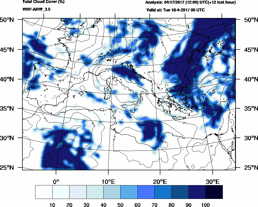 Total cloud cover (%) - 2017-04-17 18:00