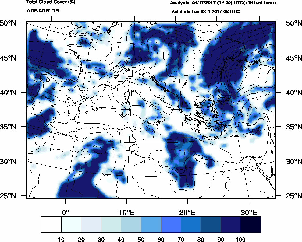 Total cloud cover (%) - 2017-04-18 00:00