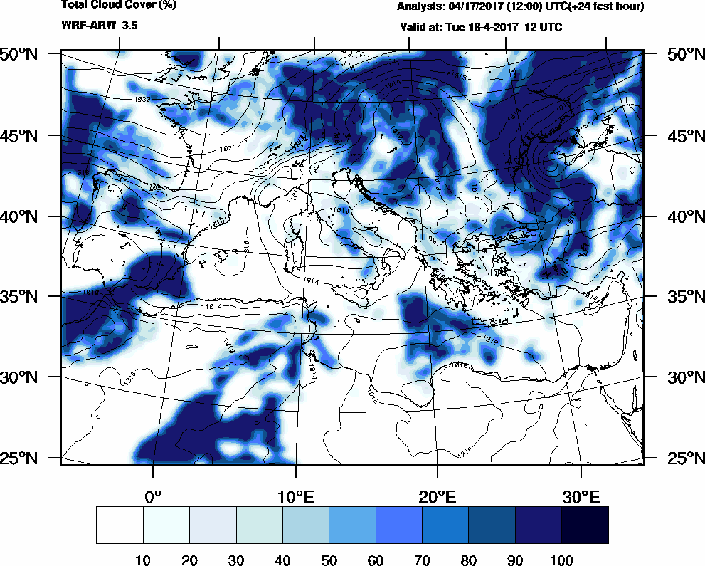 Total cloud cover (%) - 2017-04-18 06:00