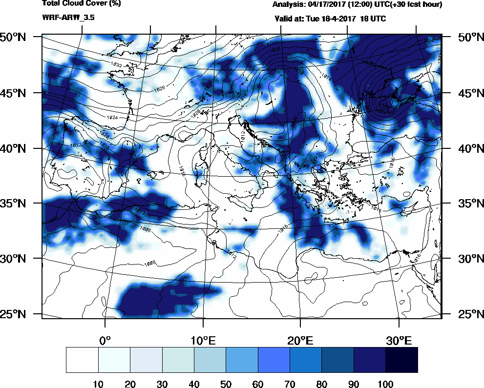 Total cloud cover (%) - 2017-04-18 12:00