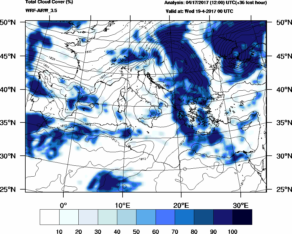 Total cloud cover (%) - 2017-04-18 18:00