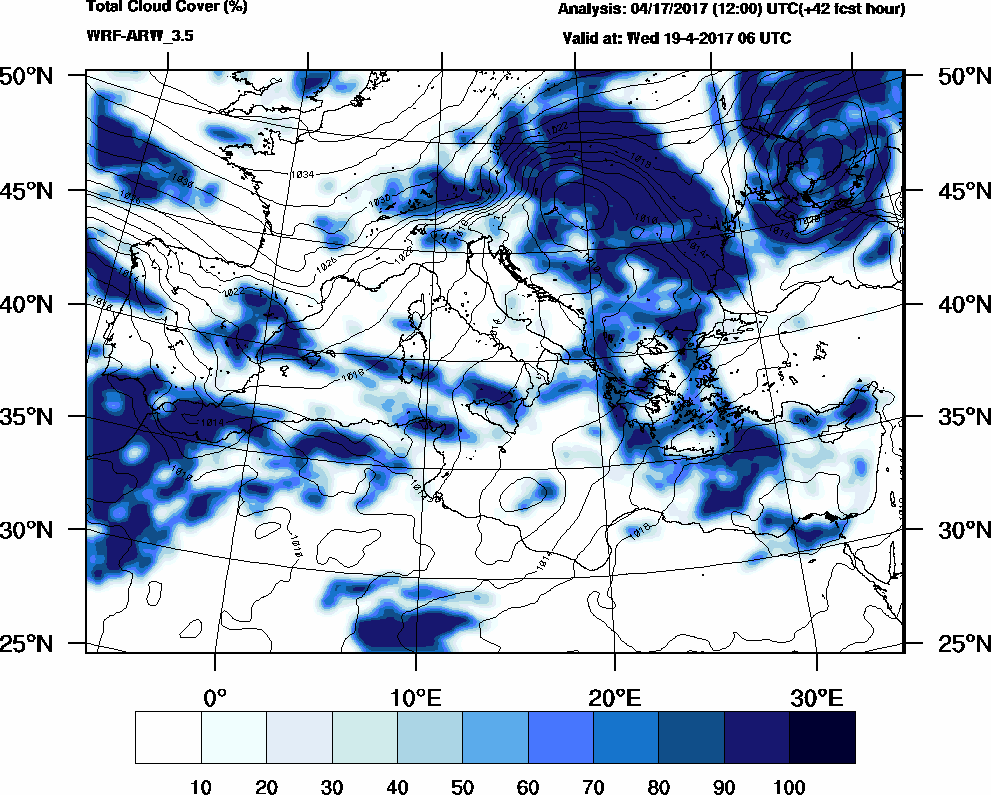 Total cloud cover (%) - 2017-04-19 00:00