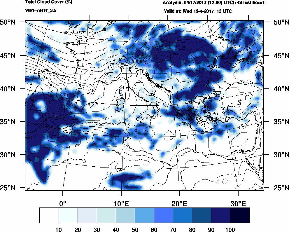 Total cloud cover (%) - 2017-04-19 06:00