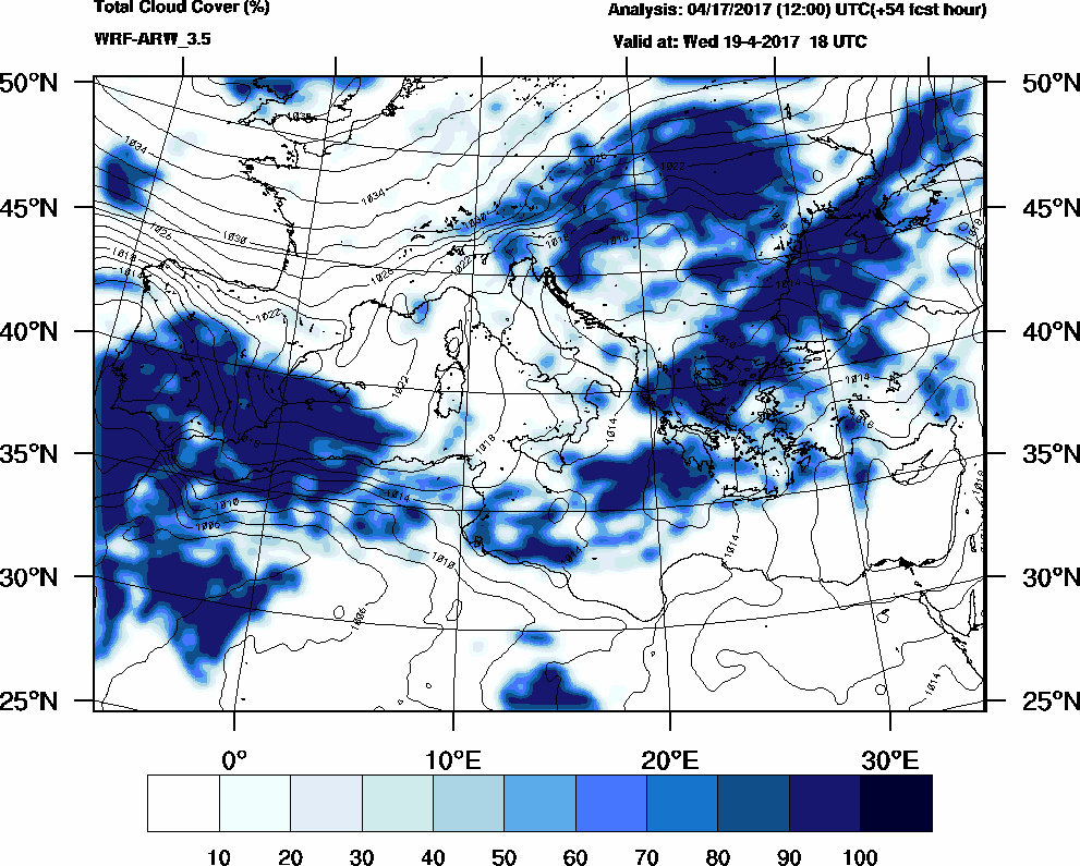 Total cloud cover (%) - 2017-04-19 12:00