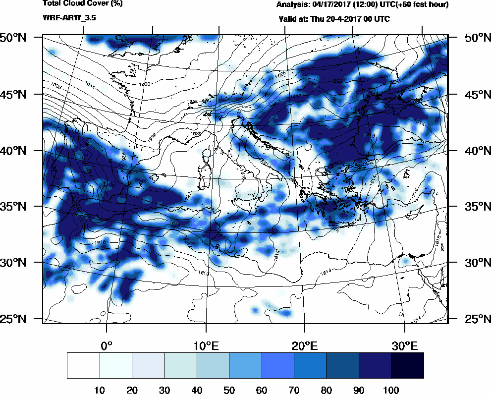 Total cloud cover (%) - 2017-04-19 18:00