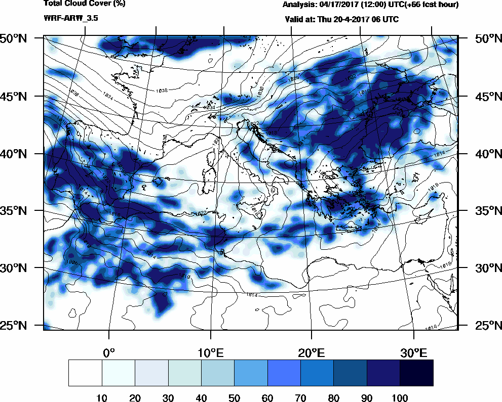 Total cloud cover (%) - 2017-04-20 00:00