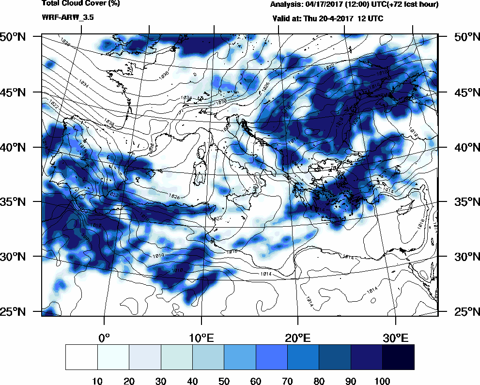 Total cloud cover (%) - 2017-04-20 06:00