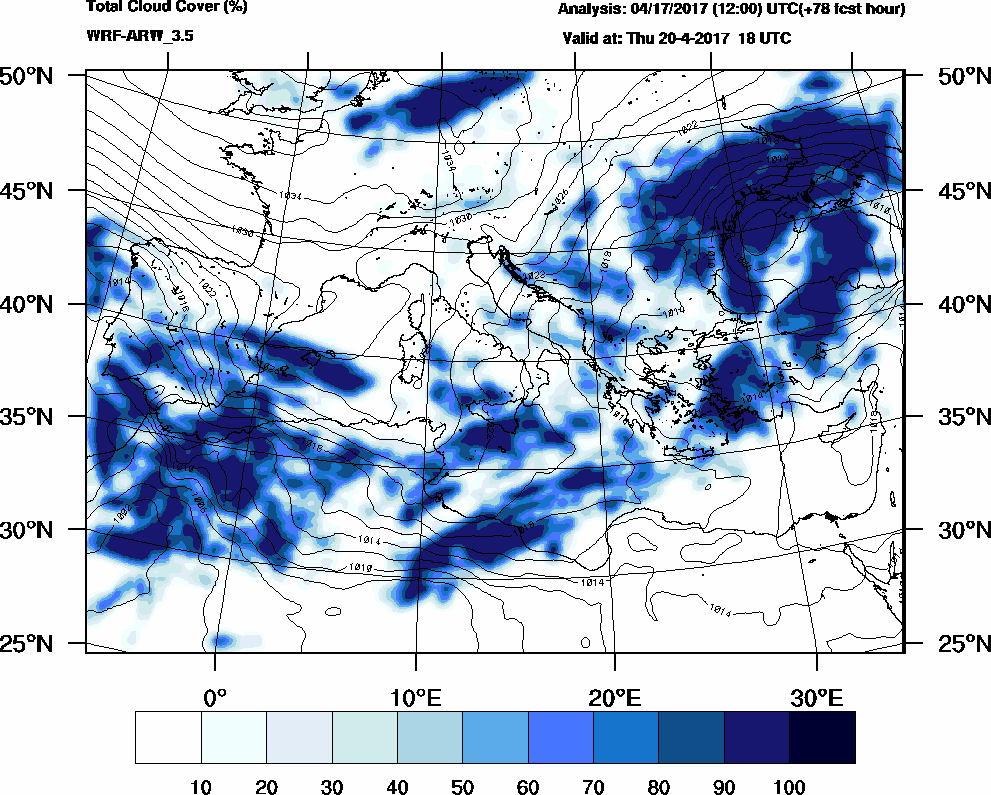 Total cloud cover (%) - 2017-04-20 12:00