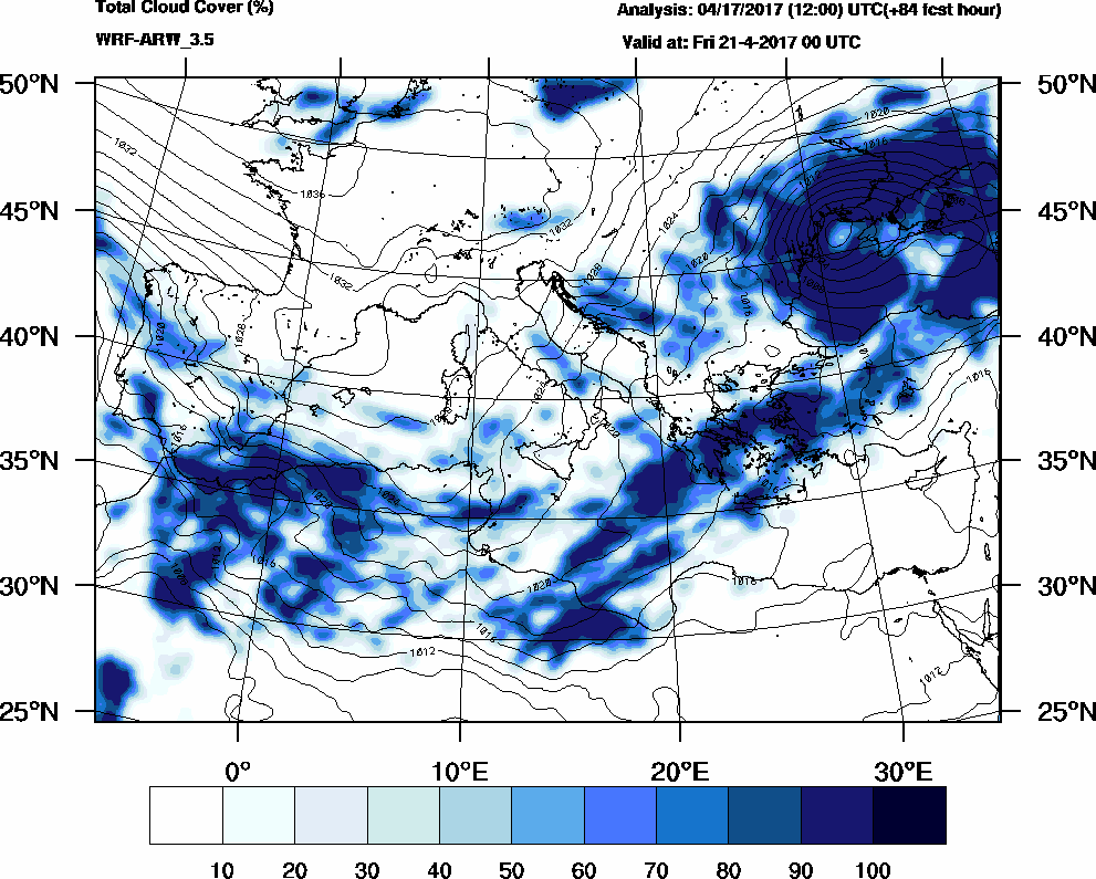 Total cloud cover (%) - 2017-04-20 18:00