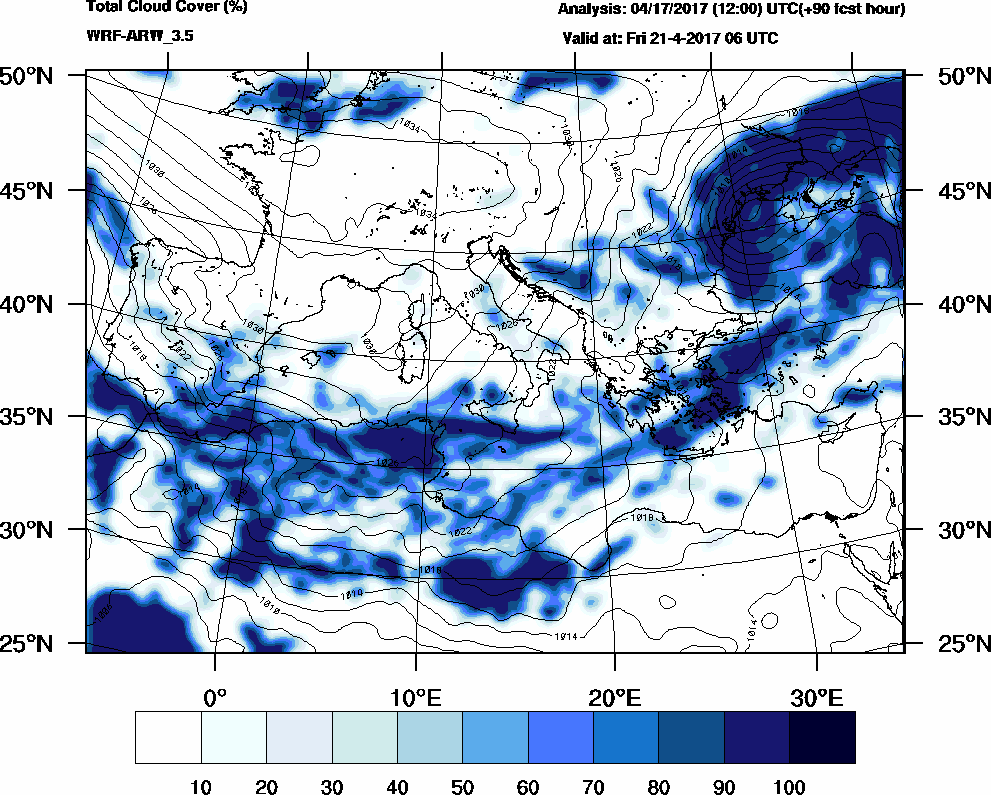 Total cloud cover (%) - 2017-04-21 00:00