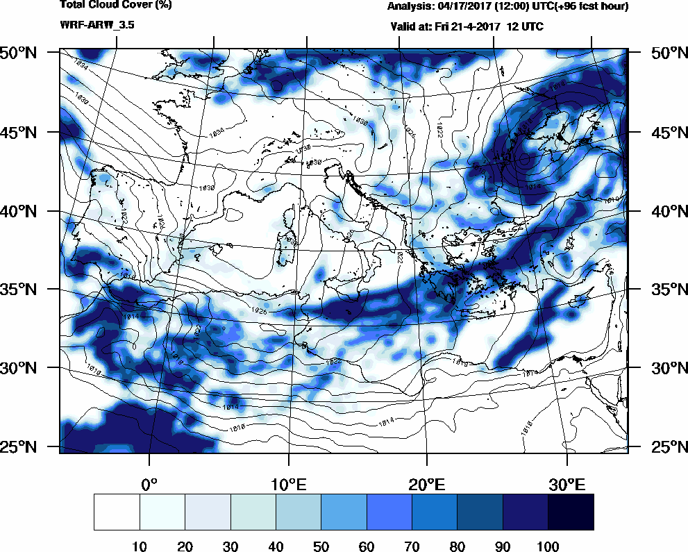 Total cloud cover (%) - 2017-04-21 06:00