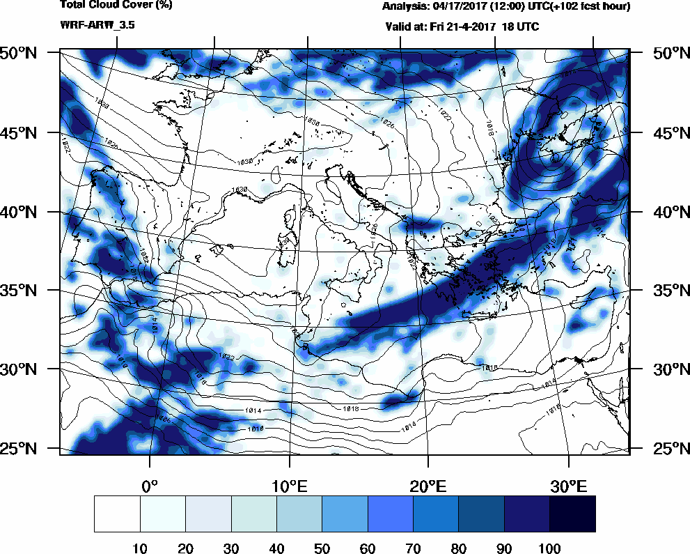 Total cloud cover (%) - 2017-04-21 12:00