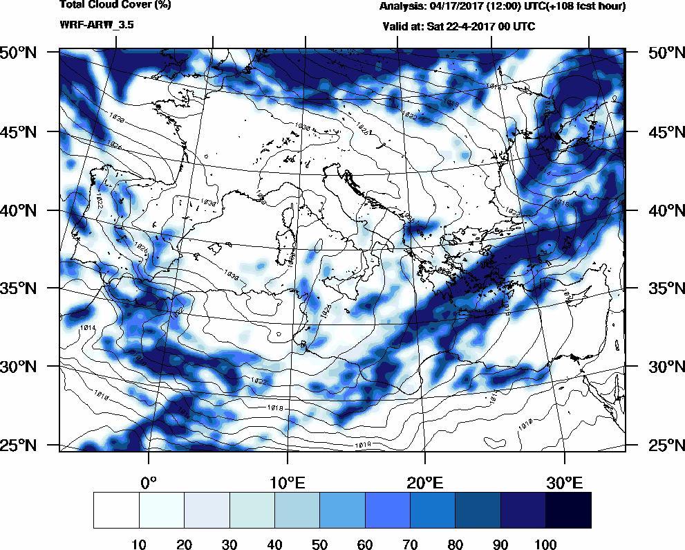 Total cloud cover (%) - 2017-04-21 18:00