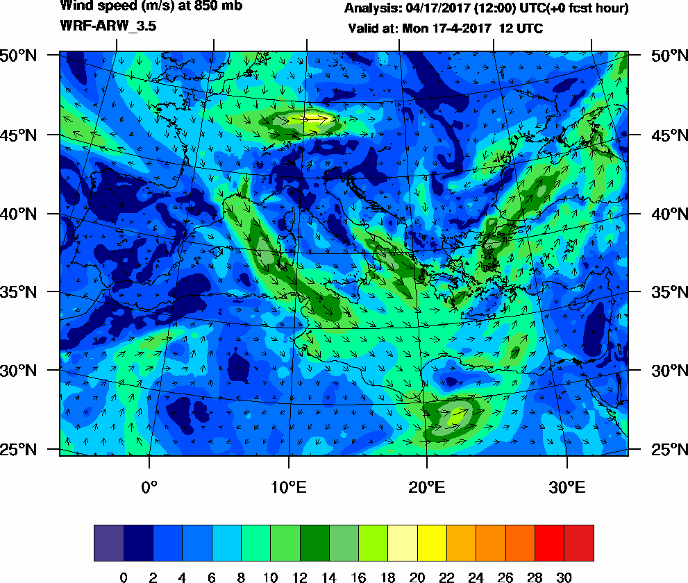 Wind speed (m/s) at 850 mb - 2017-04-17 12:00