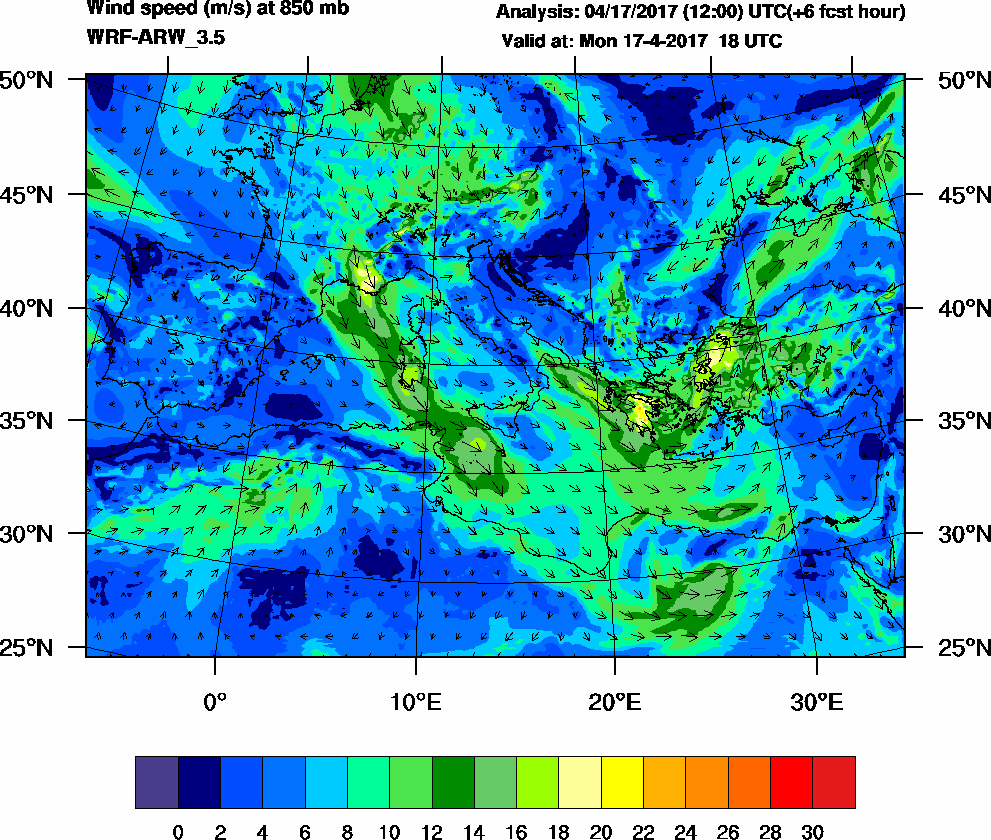 Wind speed (m/s) at 850 mb - 2017-04-17 18:00