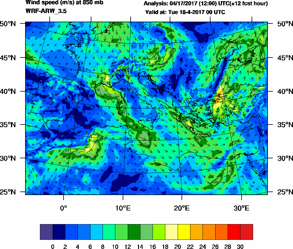 Wind speed (m/s) at 850 mb - 2017-04-18 00:00