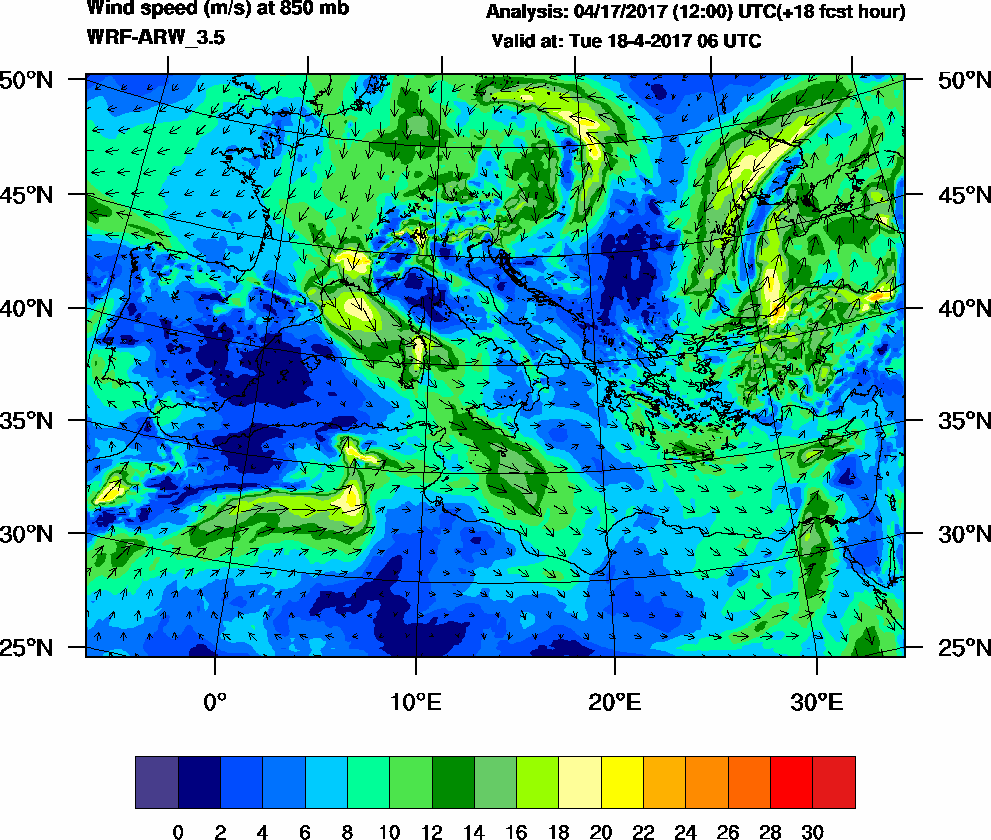 Wind speed (m/s) at 850 mb - 2017-04-18 06:00