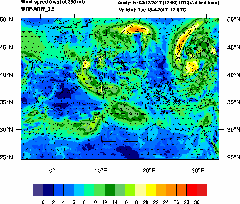 Wind speed (m/s) at 850 mb - 2017-04-18 12:00