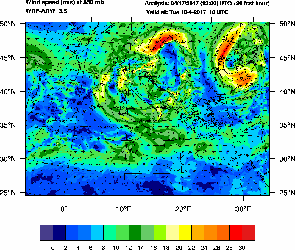 Wind speed (m/s) at 850 mb - 2017-04-18 18:00