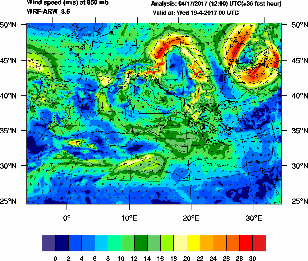 Wind speed (m/s) at 850 mb - 2017-04-19 00:00