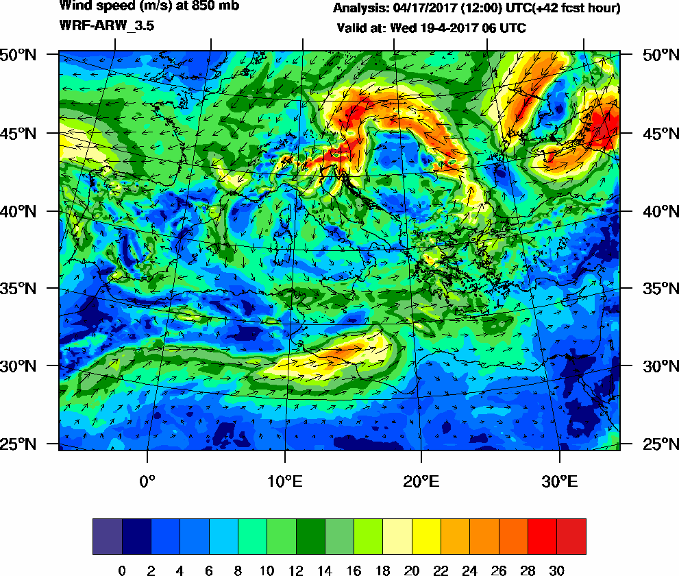 Wind speed (m/s) at 850 mb - 2017-04-19 06:00