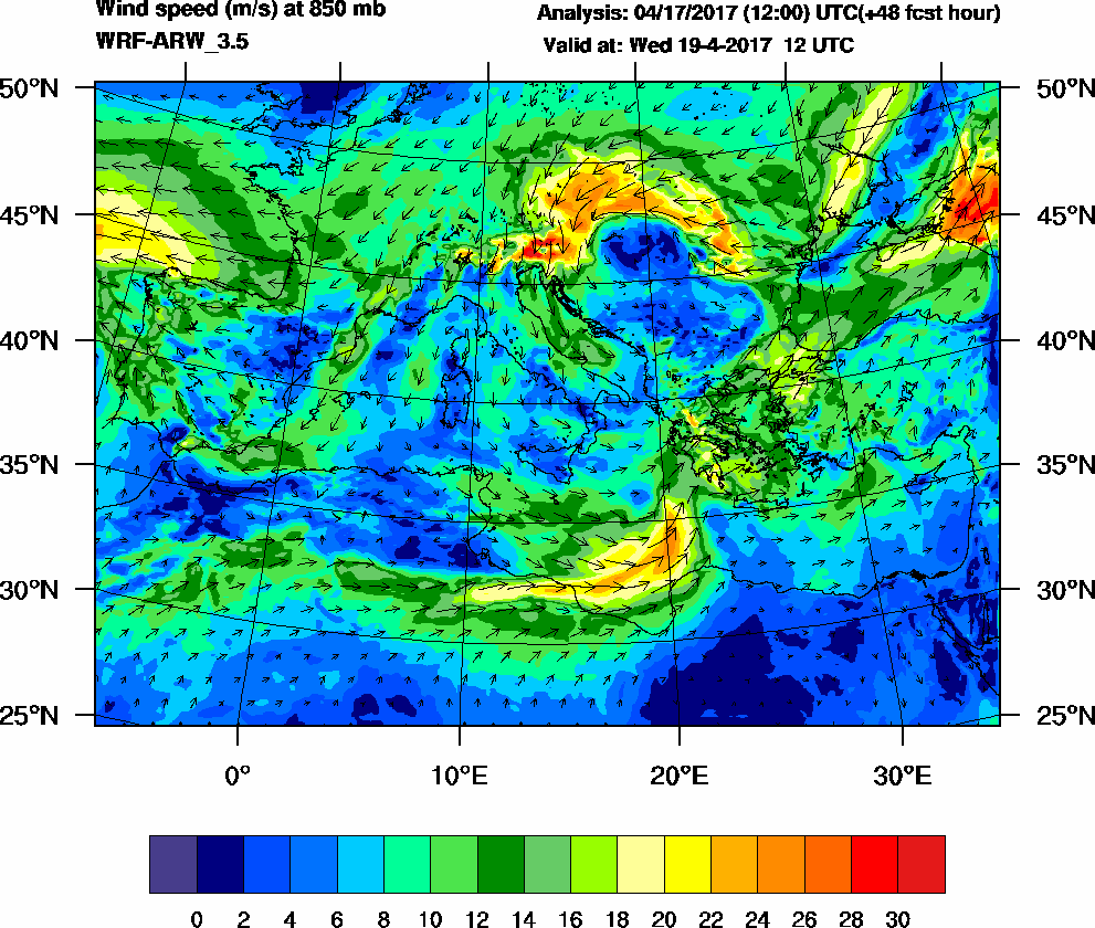 Wind speed (m/s) at 850 mb - 2017-04-19 12:00