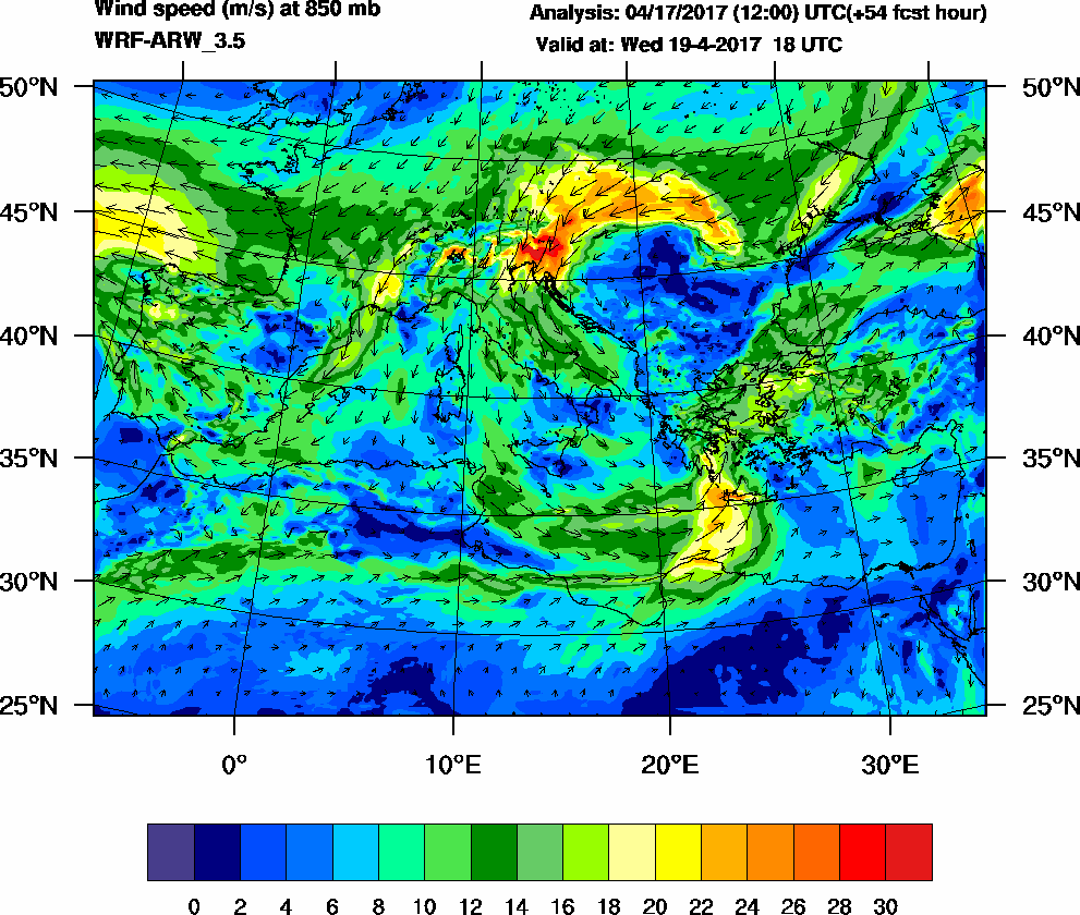 Wind speed (m/s) at 850 mb - 2017-04-19 18:00