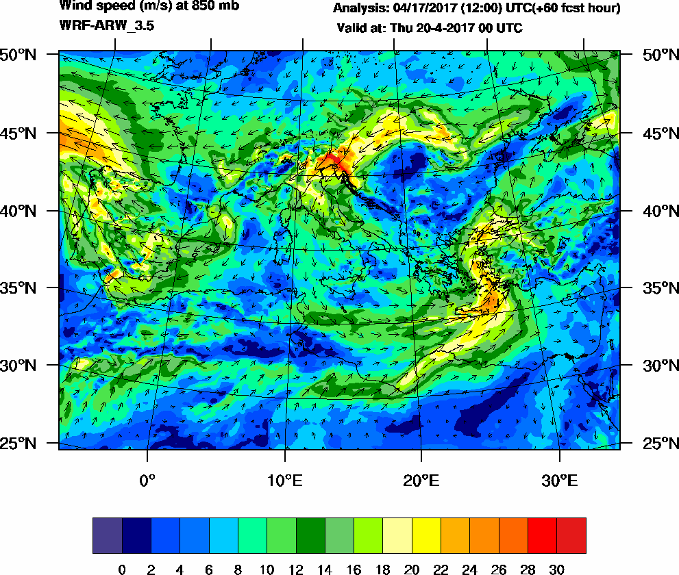 Wind speed (m/s) at 850 mb - 2017-04-20 00:00