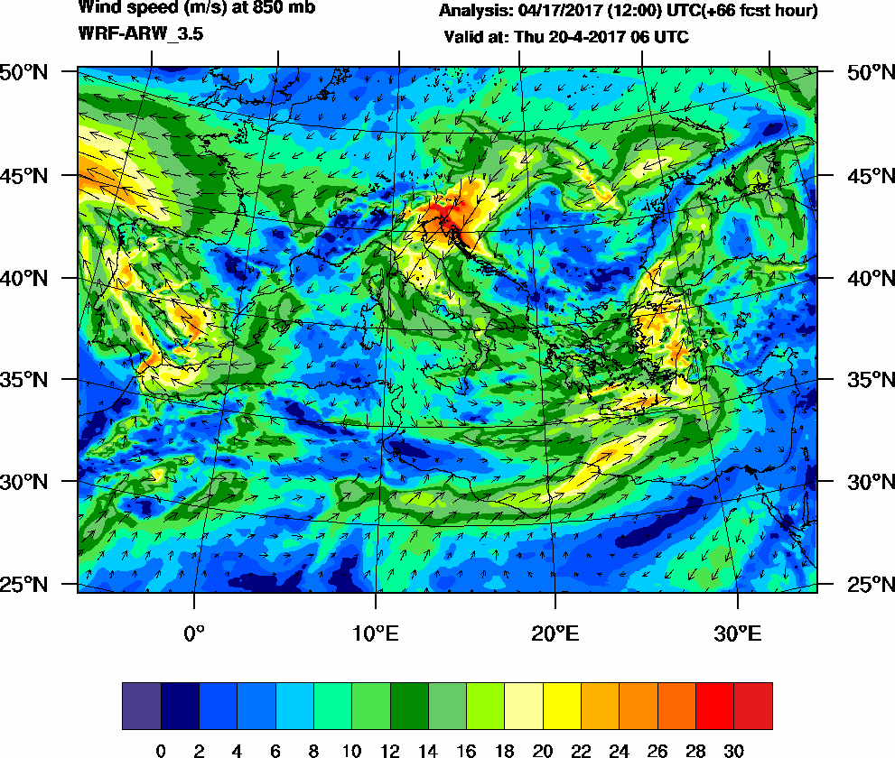 Wind speed (m/s) at 850 mb - 2017-04-20 06:00