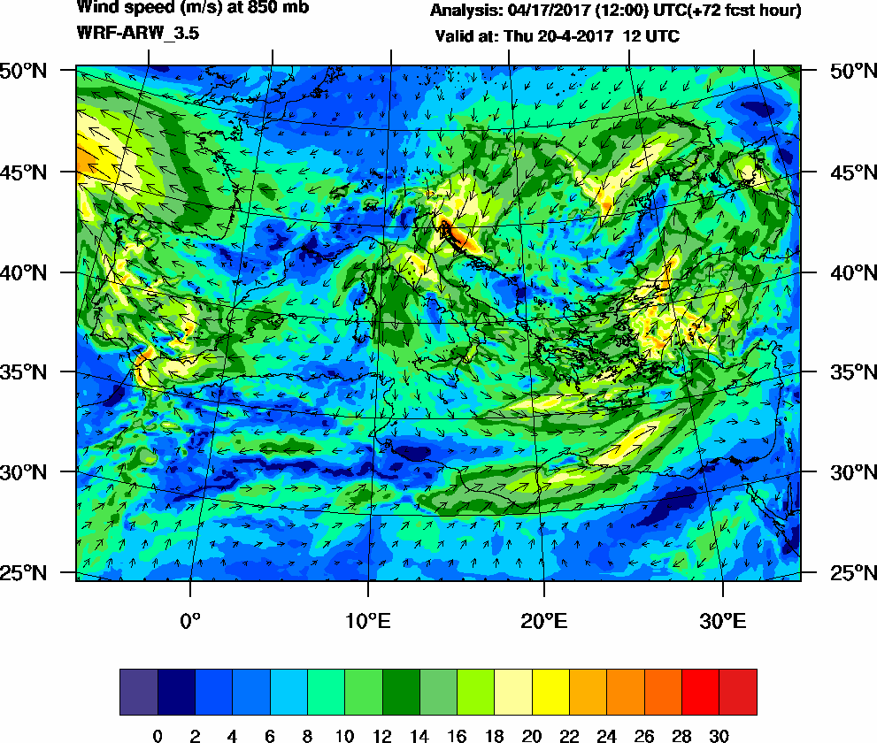 Wind speed (m/s) at 850 mb - 2017-04-20 12:00