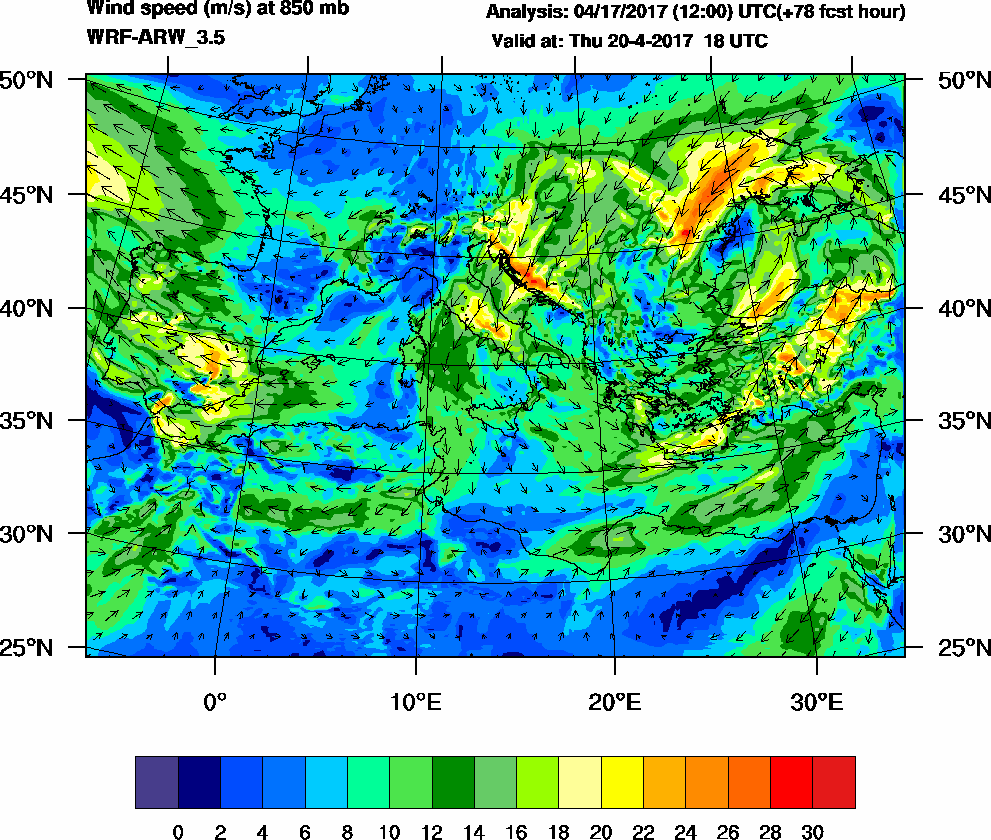 Wind speed (m/s) at 850 mb - 2017-04-20 18:00