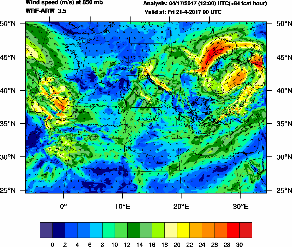 Wind speed (m/s) at 850 mb - 2017-04-21 00:00