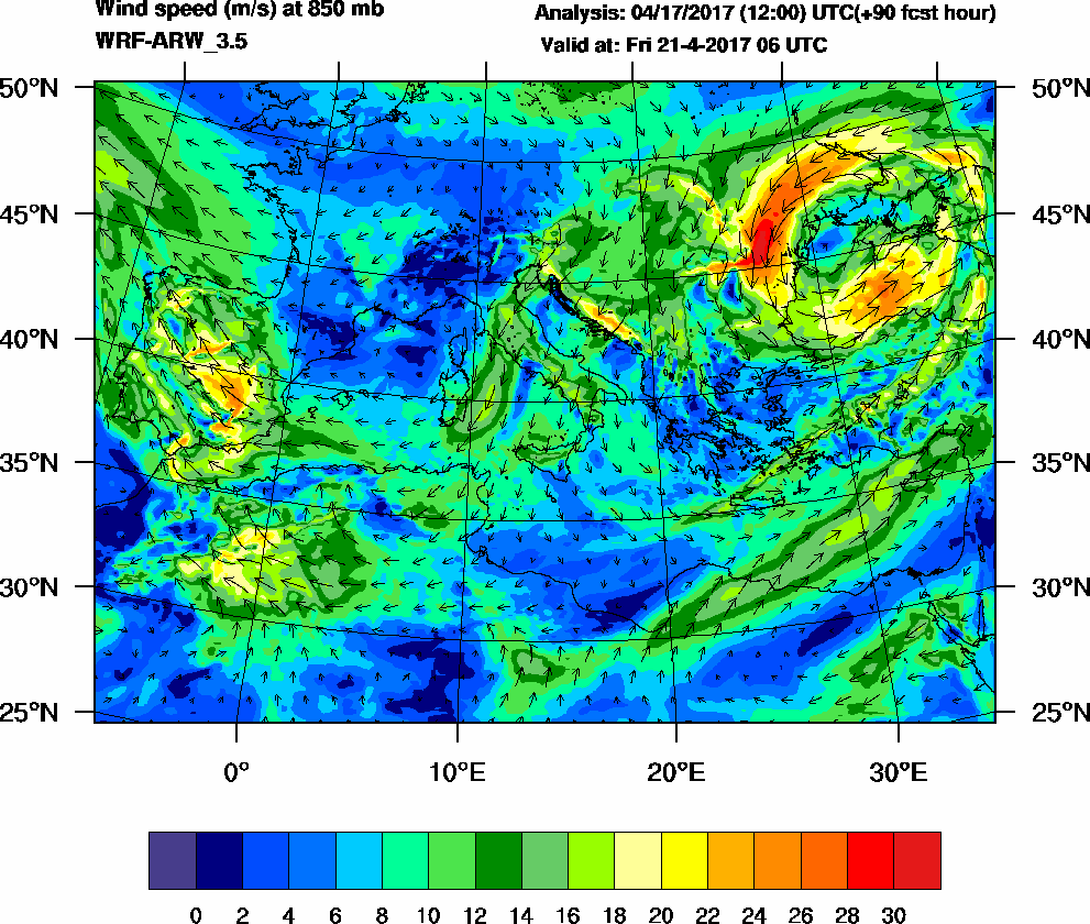 Wind speed (m/s) at 850 mb - 2017-04-21 06:00