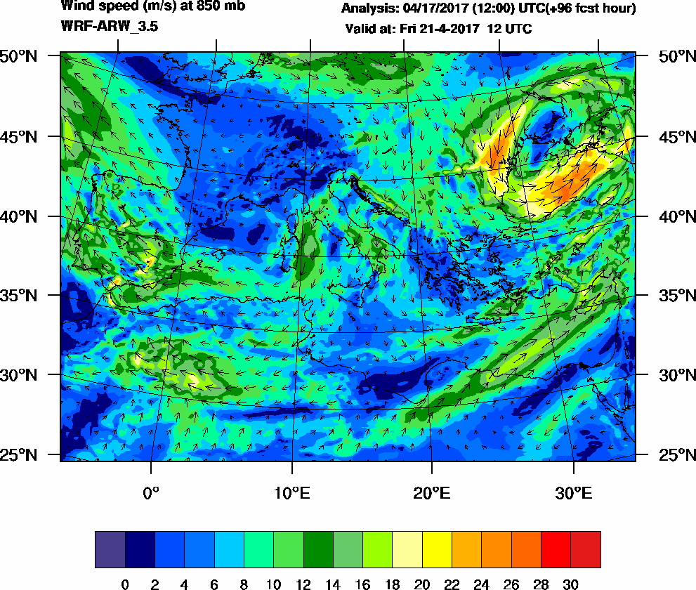 Wind speed (m/s) at 850 mb - 2017-04-21 12:00