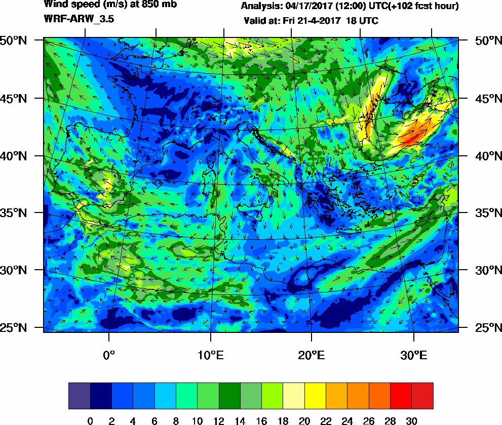 Wind speed (m/s) at 850 mb - 2017-04-21 18:00