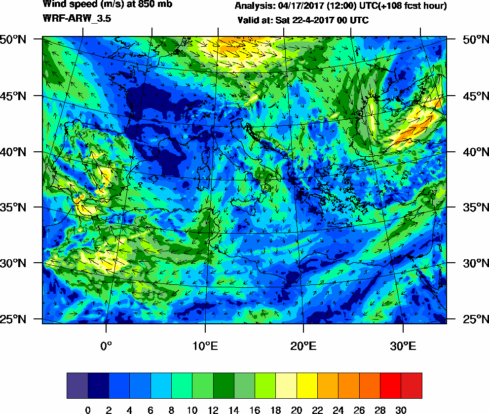 Wind speed (m/s) at 850 mb - 2017-04-22 00:00