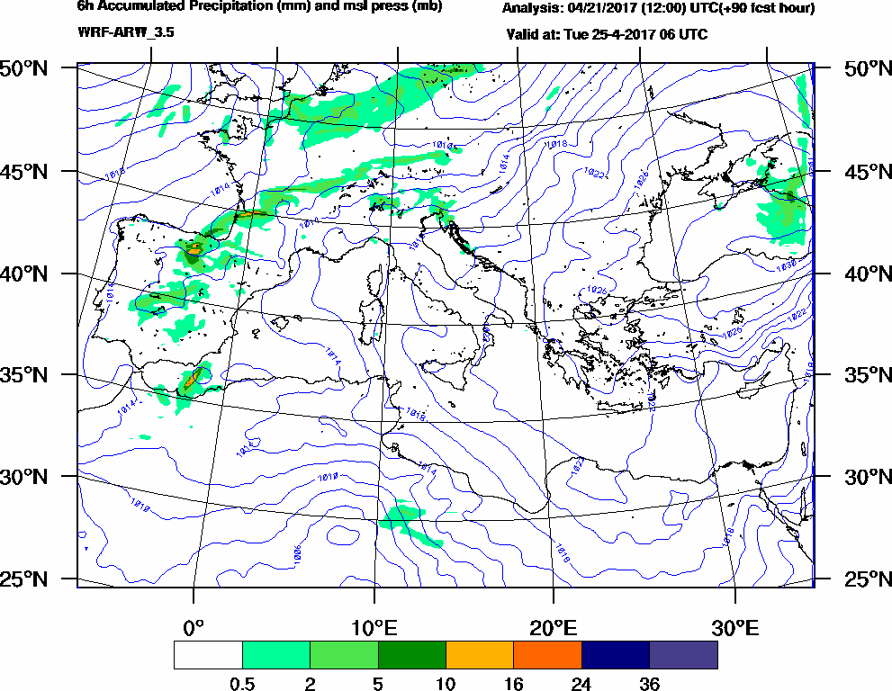 6h Accumulated Precipitation (mm) and msl press (mb) - 2017-04-25 00:00