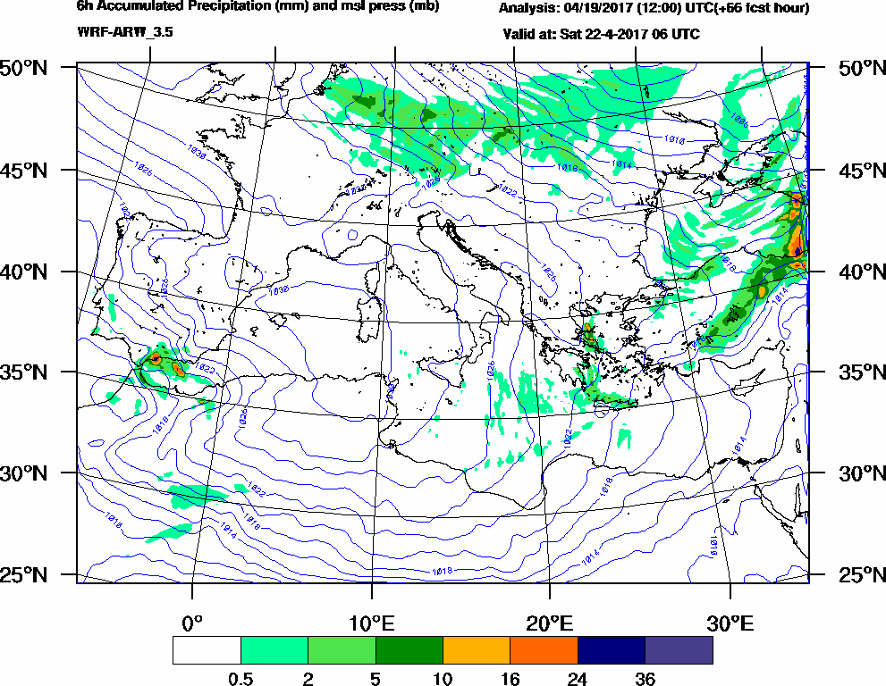 6h Accumulated Precipitation (mm) and msl press (mb) - 2017-04-22 00:00
