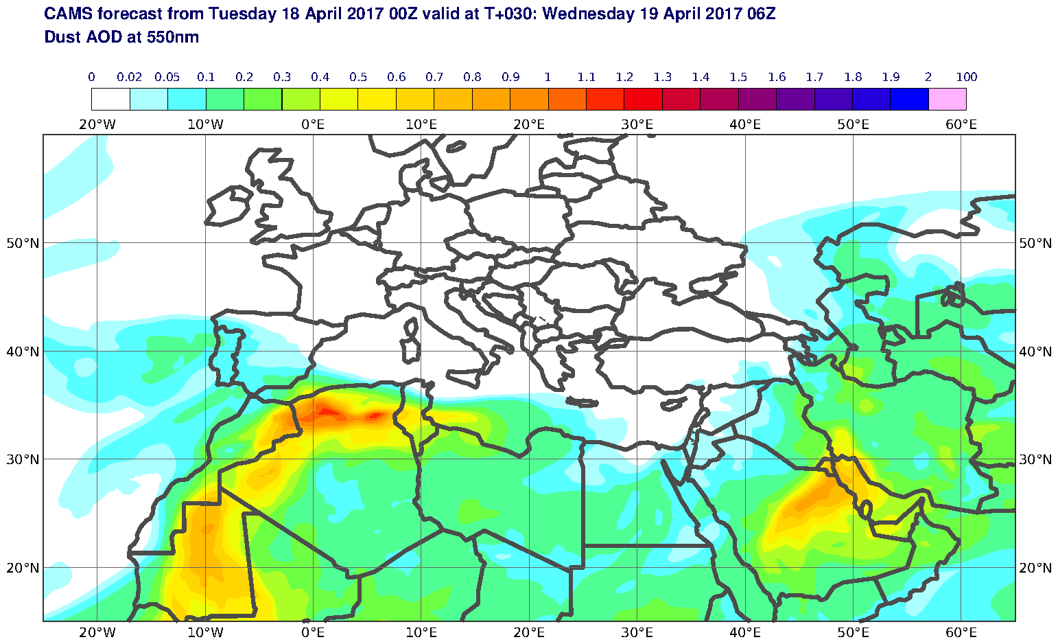 Dust AOD at 550nm valid at T30 - 2017-04-19 06:00