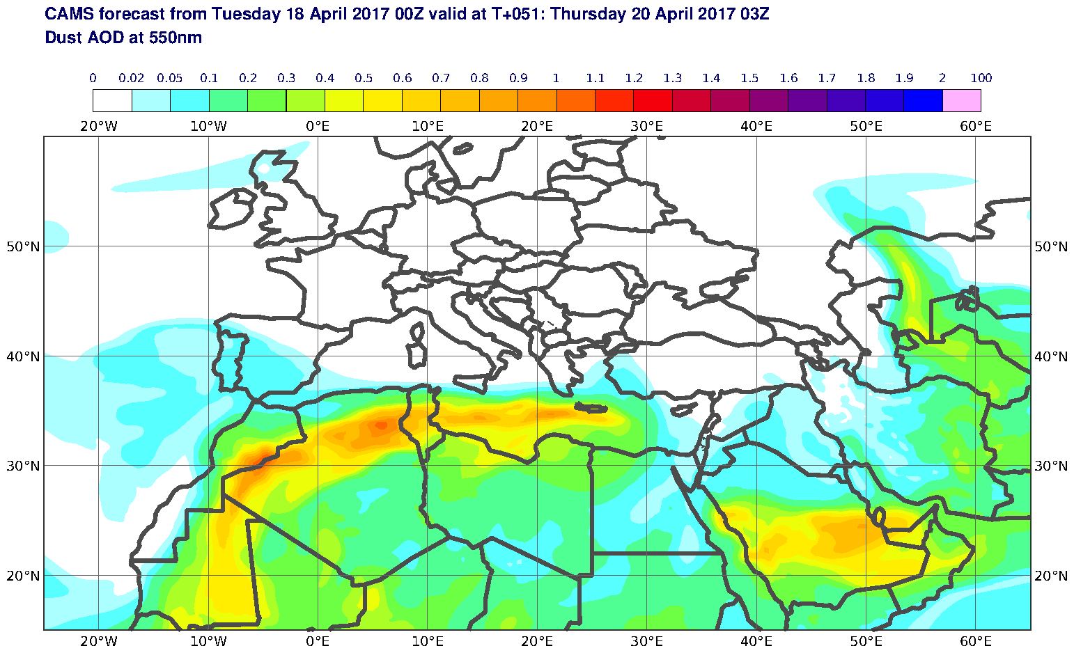 Dust AOD at 550nm valid at T51 - 2017-04-20 03:00