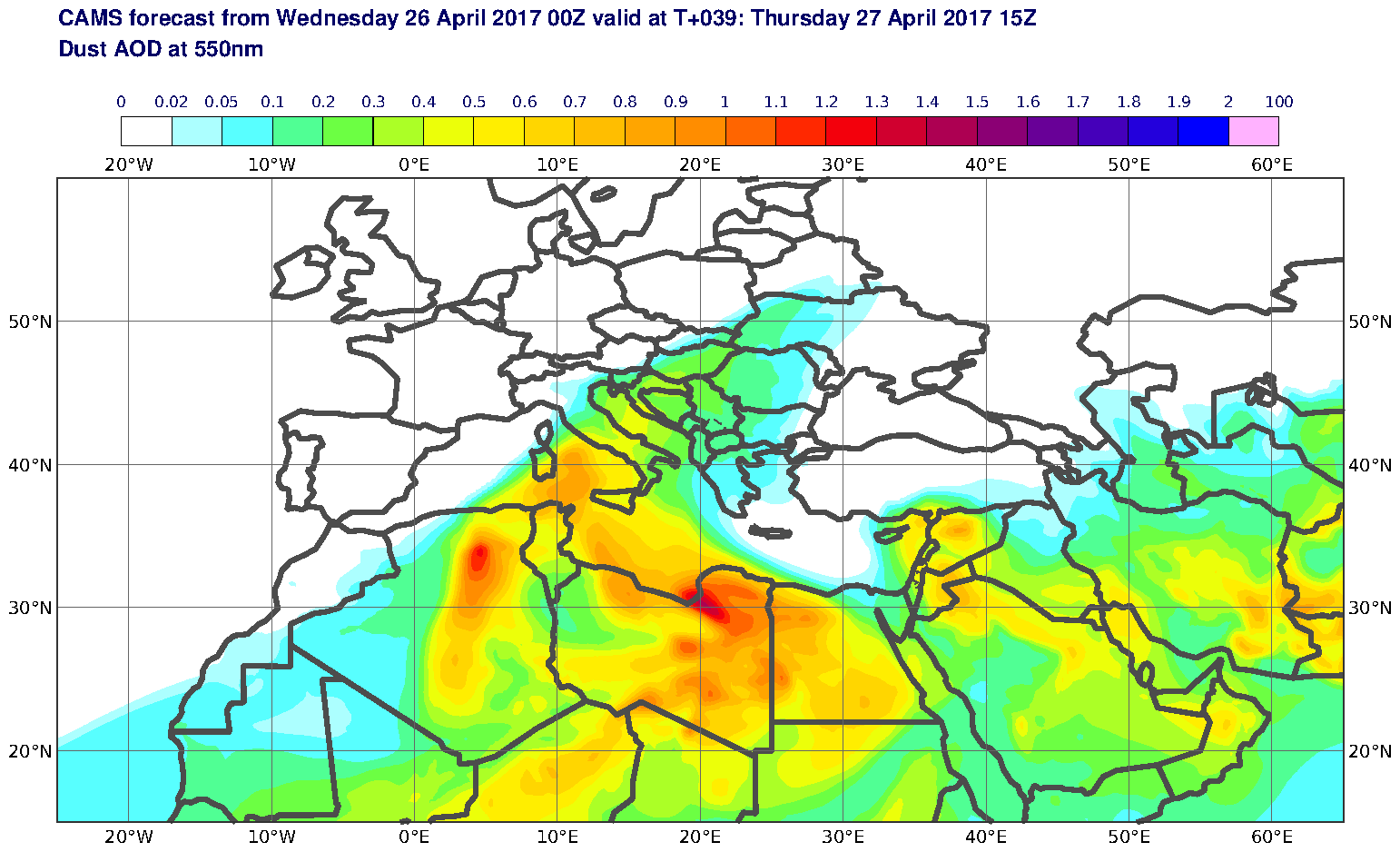 Dust AOD at 550nm valid at T39 - 2017-04-27 15:00