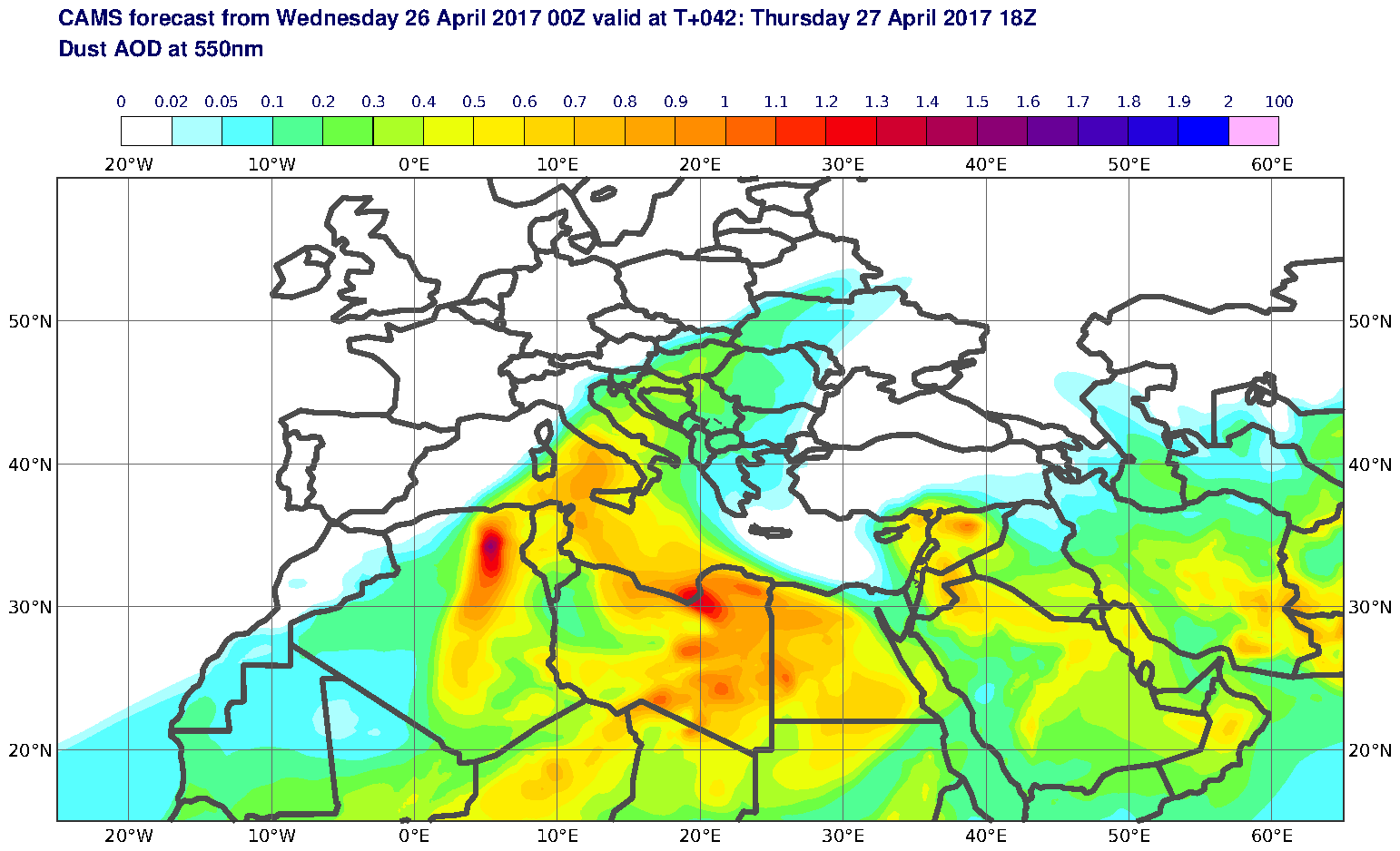 Dust AOD at 550nm valid at T42 - 2017-04-27 18:00