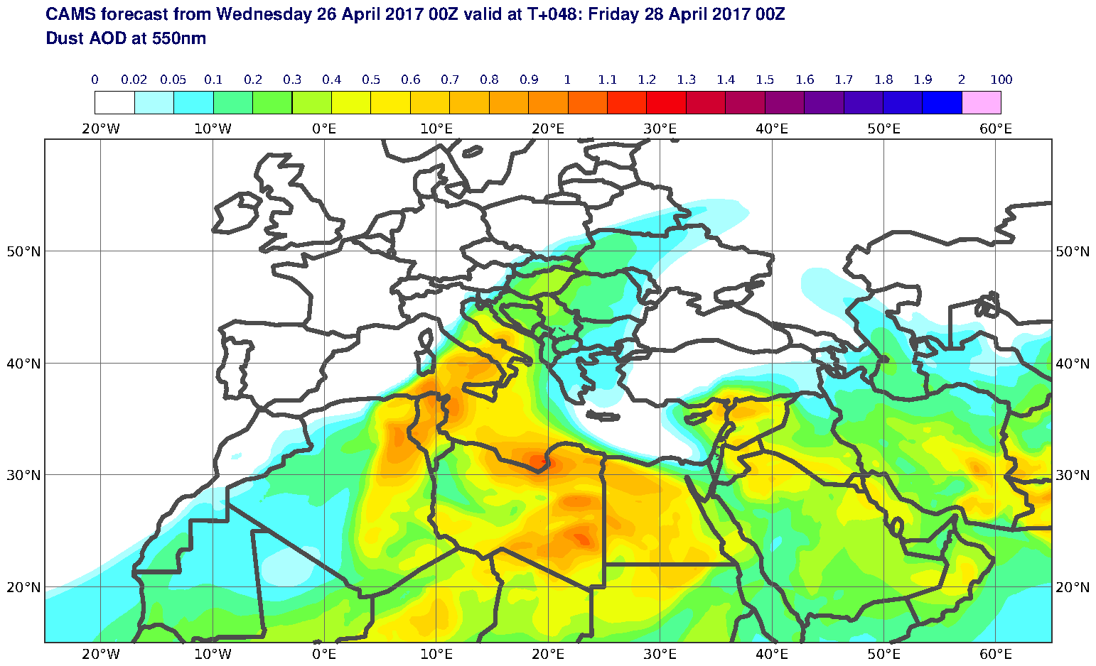 Dust AOD at 550nm valid at T48 - 2017-04-28 00:00