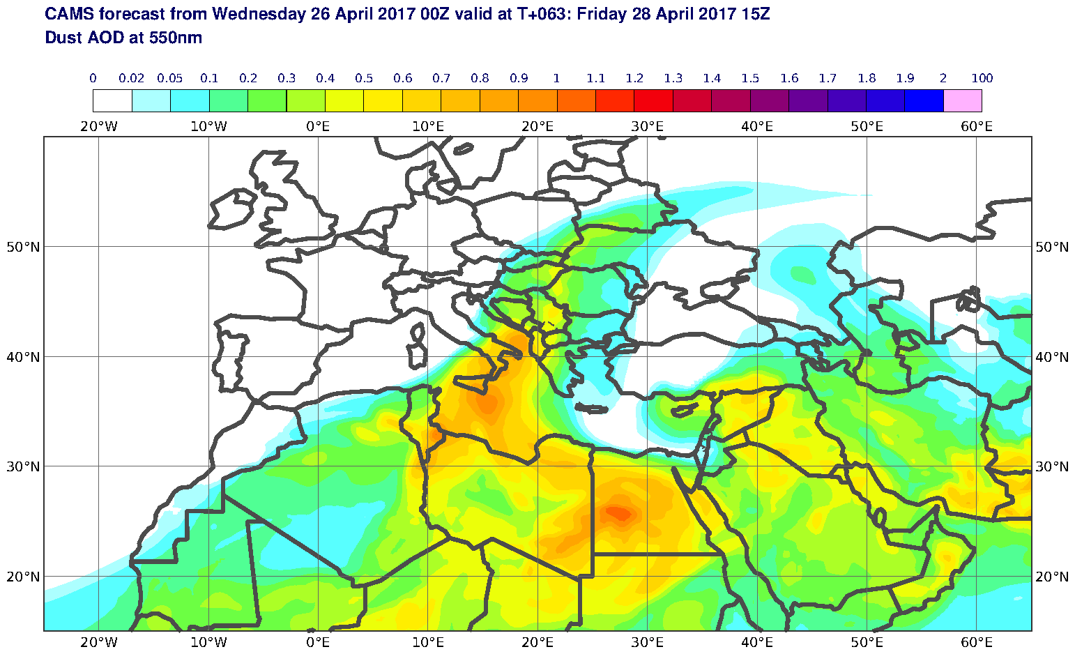 Dust AOD at 550nm valid at T63 - 2017-04-28 15:00
