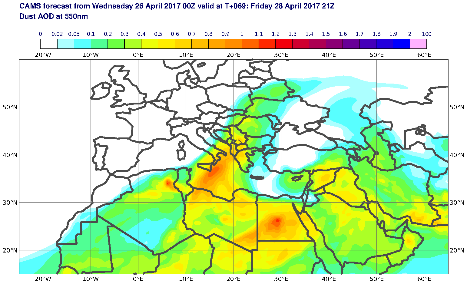 Dust AOD at 550nm valid at T69 - 2017-04-28 21:00
