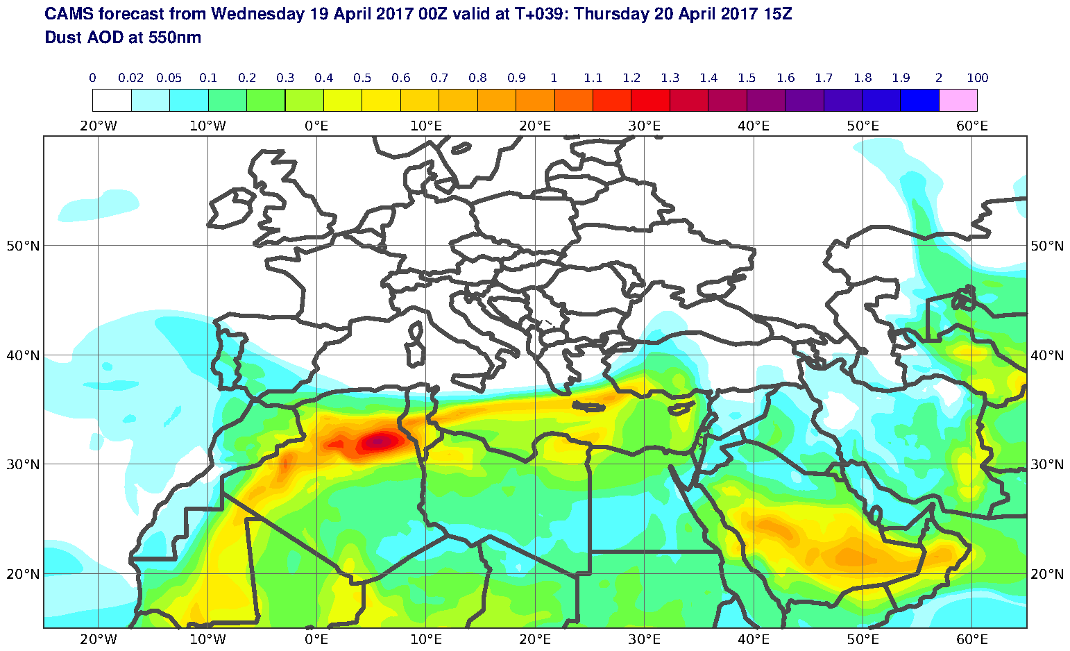 Dust AOD at 550nm valid at T39 - 2017-04-20 15:00