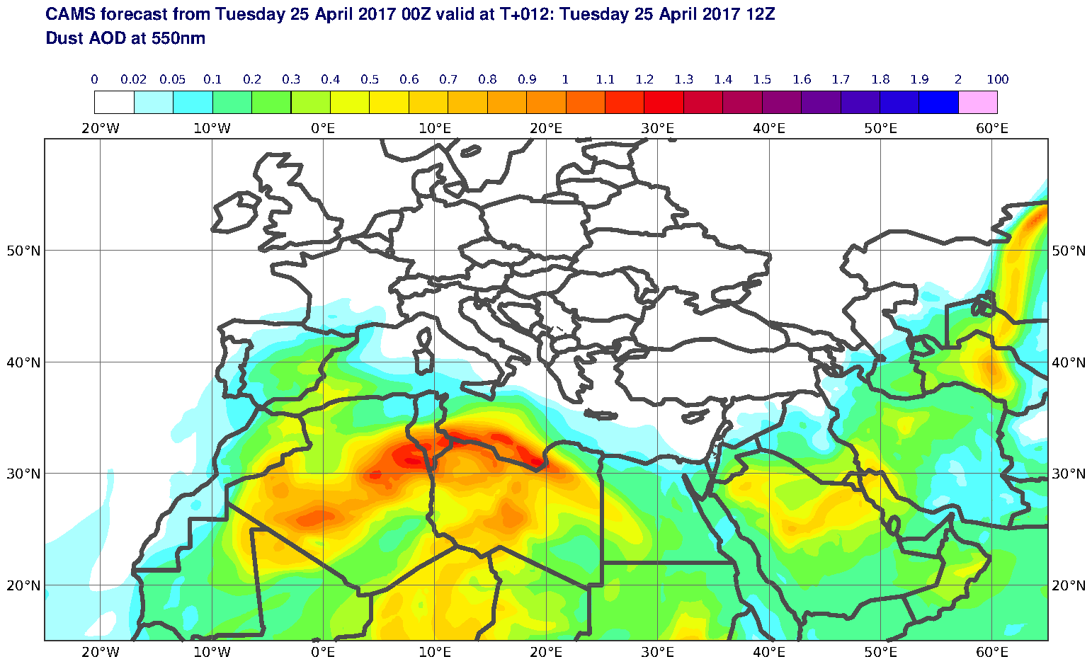 Dust AOD at 550nm valid at T12 - 2017-04-25 12:00
